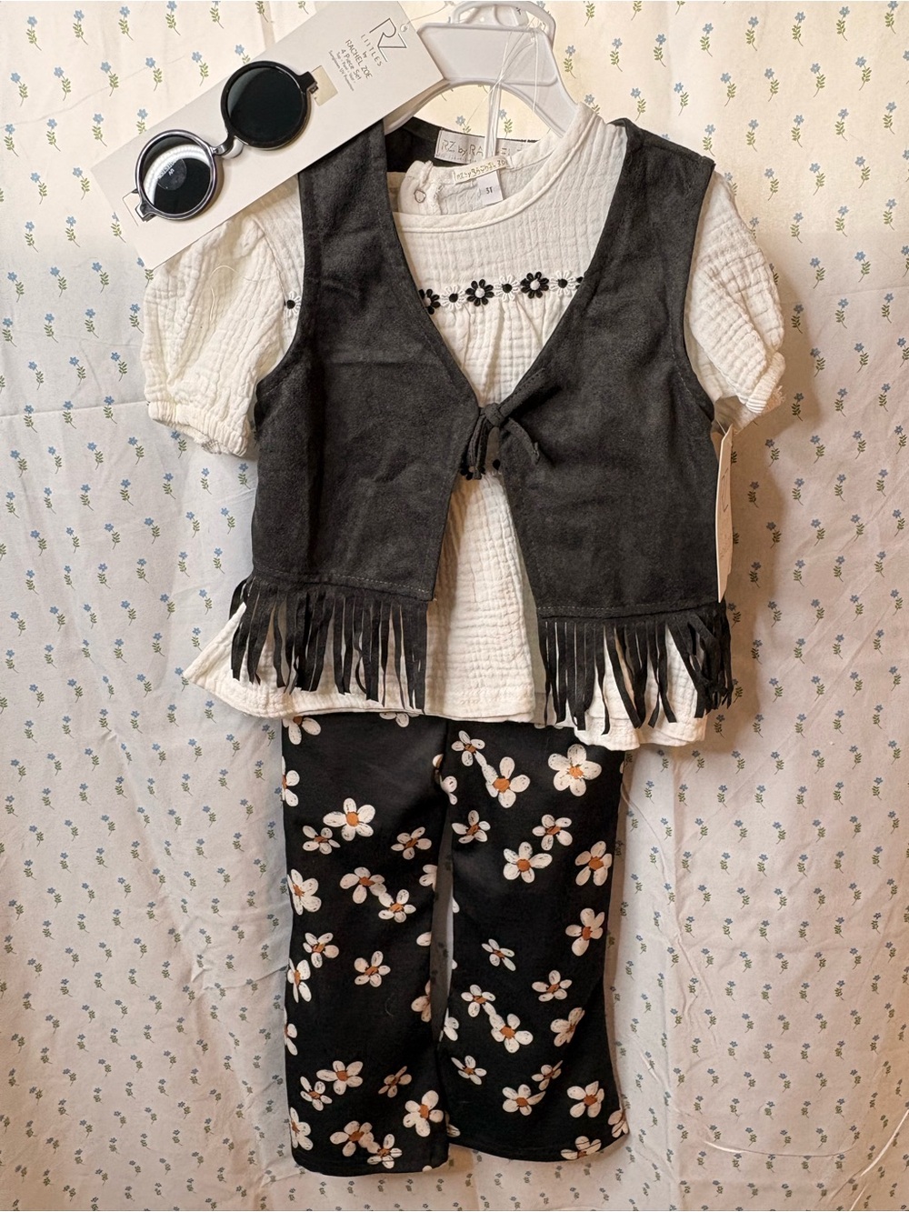 Rachel Zoe Black Fringe Vest with Cream Top & Black Floral Pants